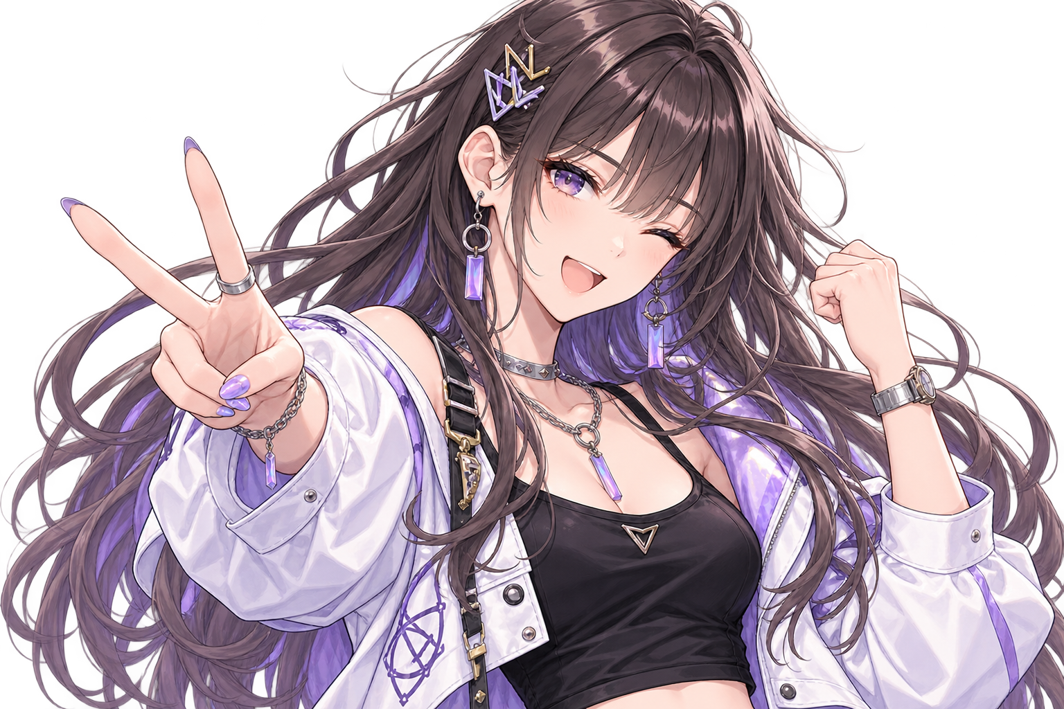 Original female game character smiling and making a victory sign