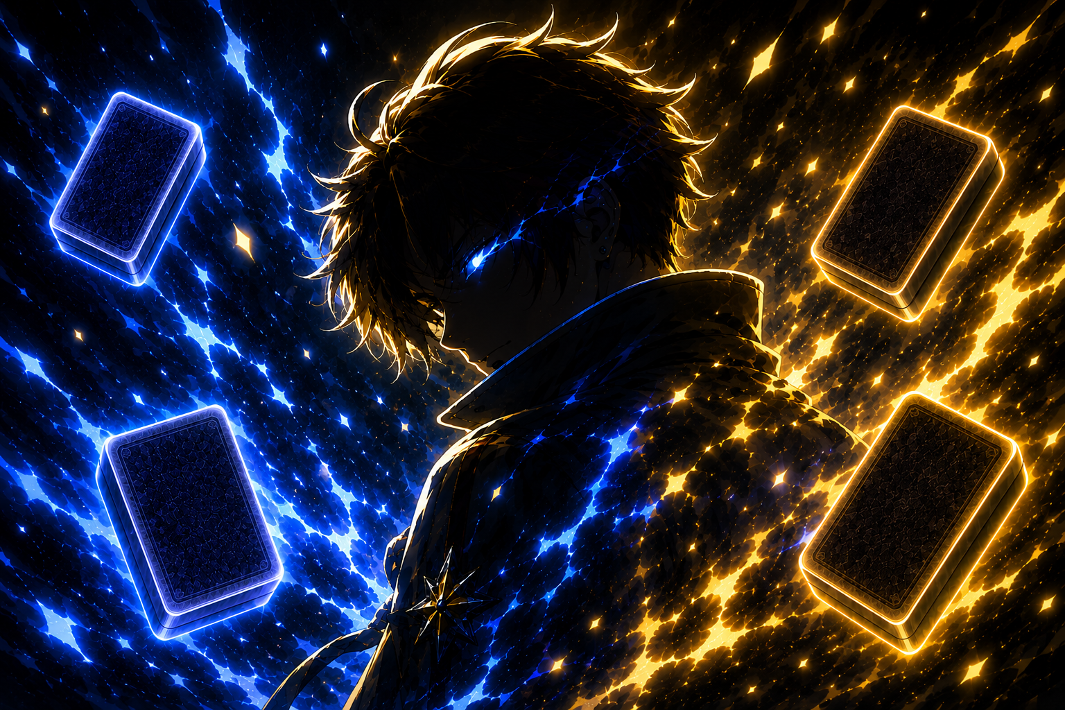 Dramatic blue and gold key art for an untitled game in development