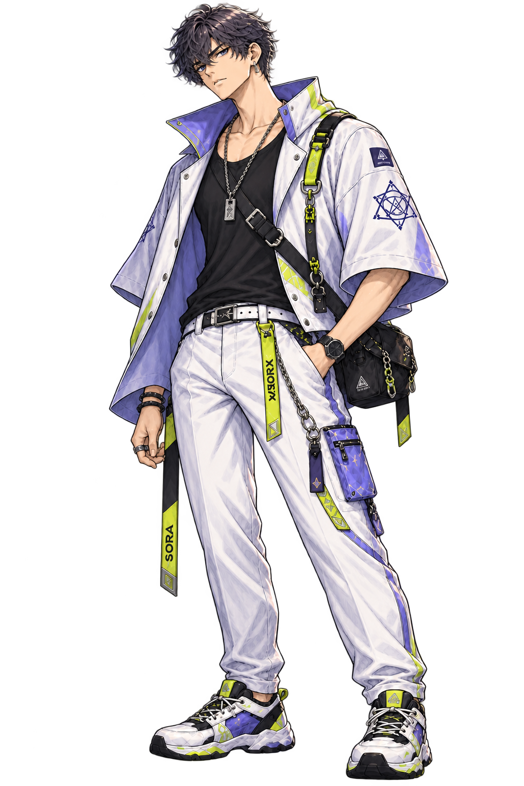 Original male game character in contemporary white and violet fashion